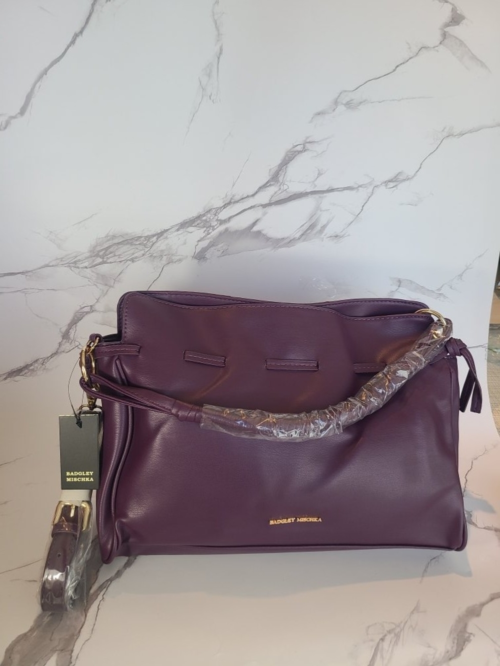 Badgley Mischka Plum Leather Dumpling Shoulder Bag with Gold Hardware